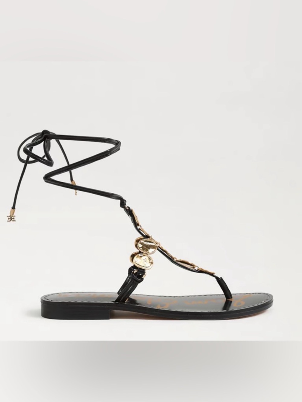 Sam Edelman Black Leather T-Strap Gladiator Sandals with Gold Discs - Picture 8 of 12